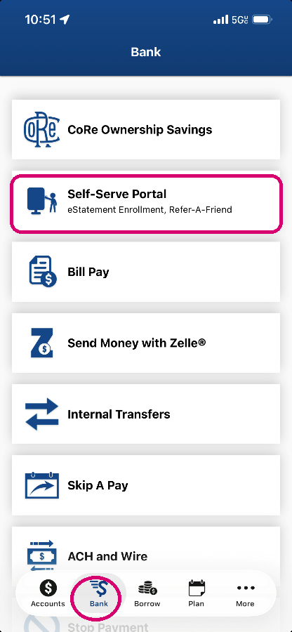 Mobile banking Bank menu showing Self-Serve Portal
