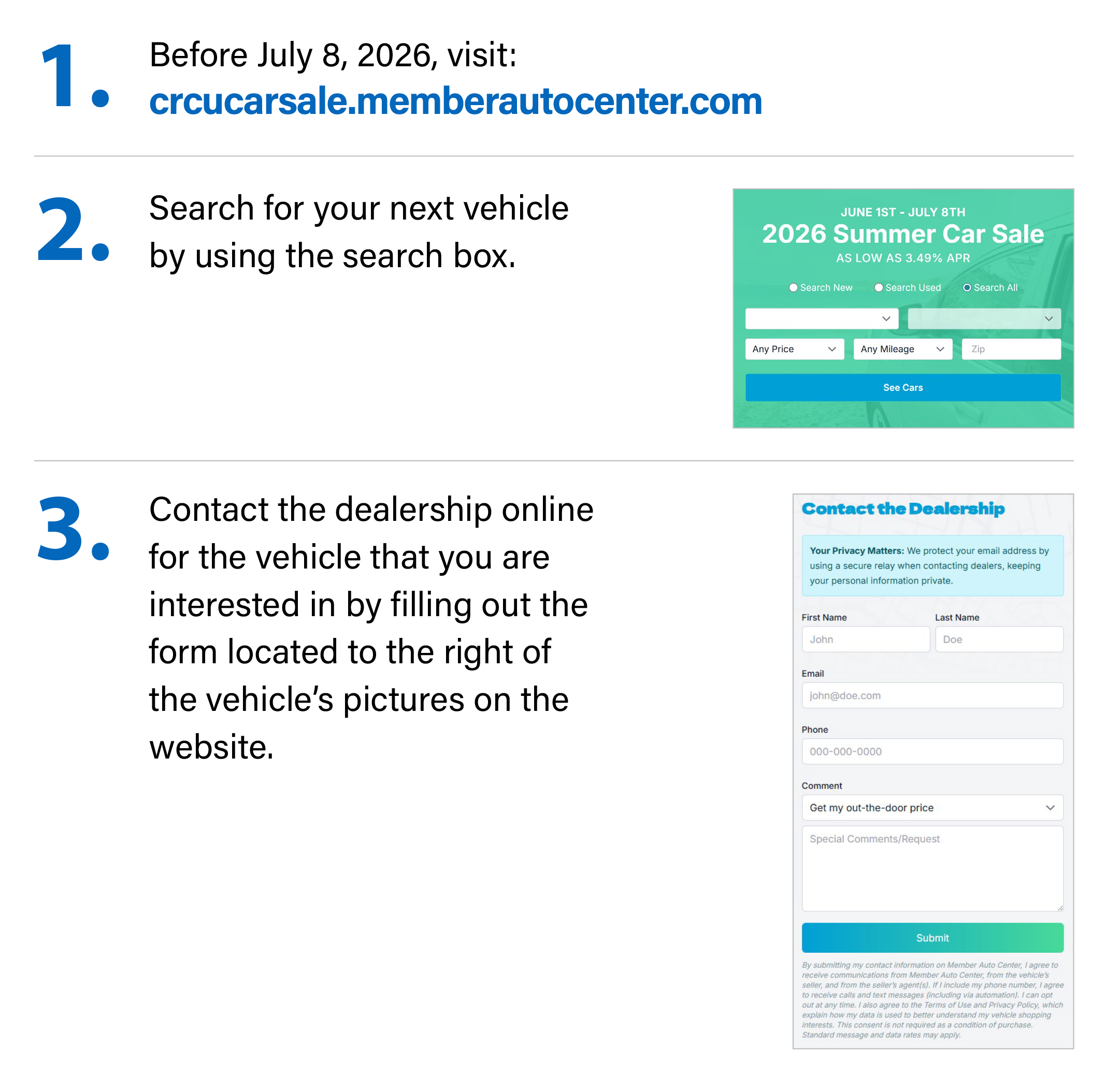 Three-step guide to the 2026 Summer Car Sale landing page at crcucarsale.memberautocenter.com, showing the car search tool and dealership contact form.