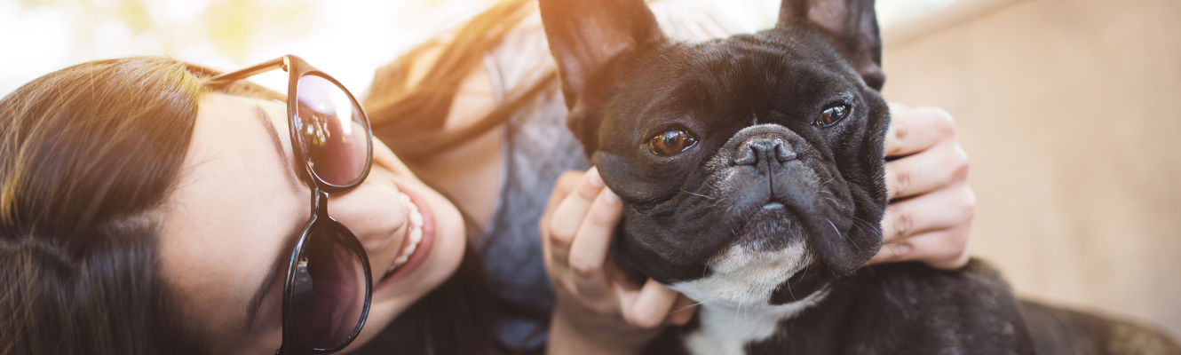 A woman loving on her black french bulldog