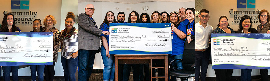 collage of sponsorship checks being presented by CRCU team members