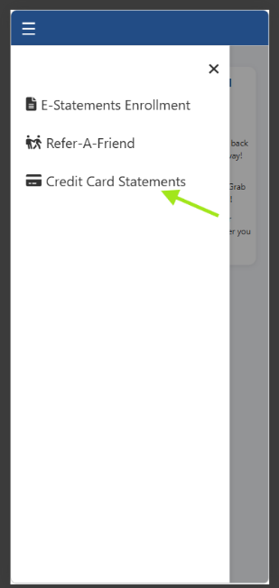 Self-Serve Portal menu showing Credit Card Statements option