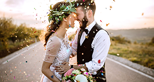 wedding couple on road