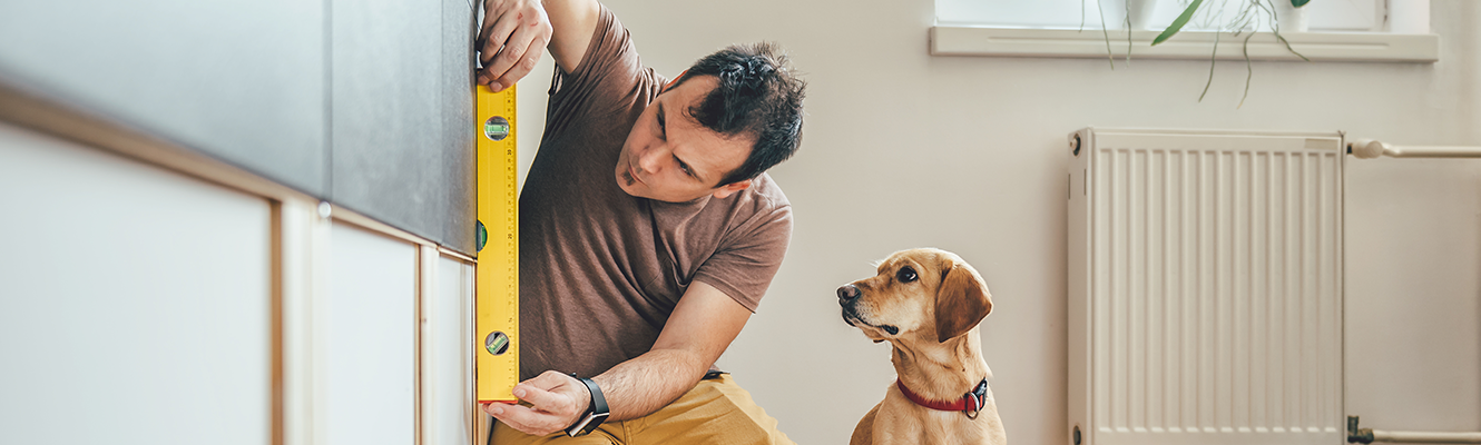 man and dog doing repair